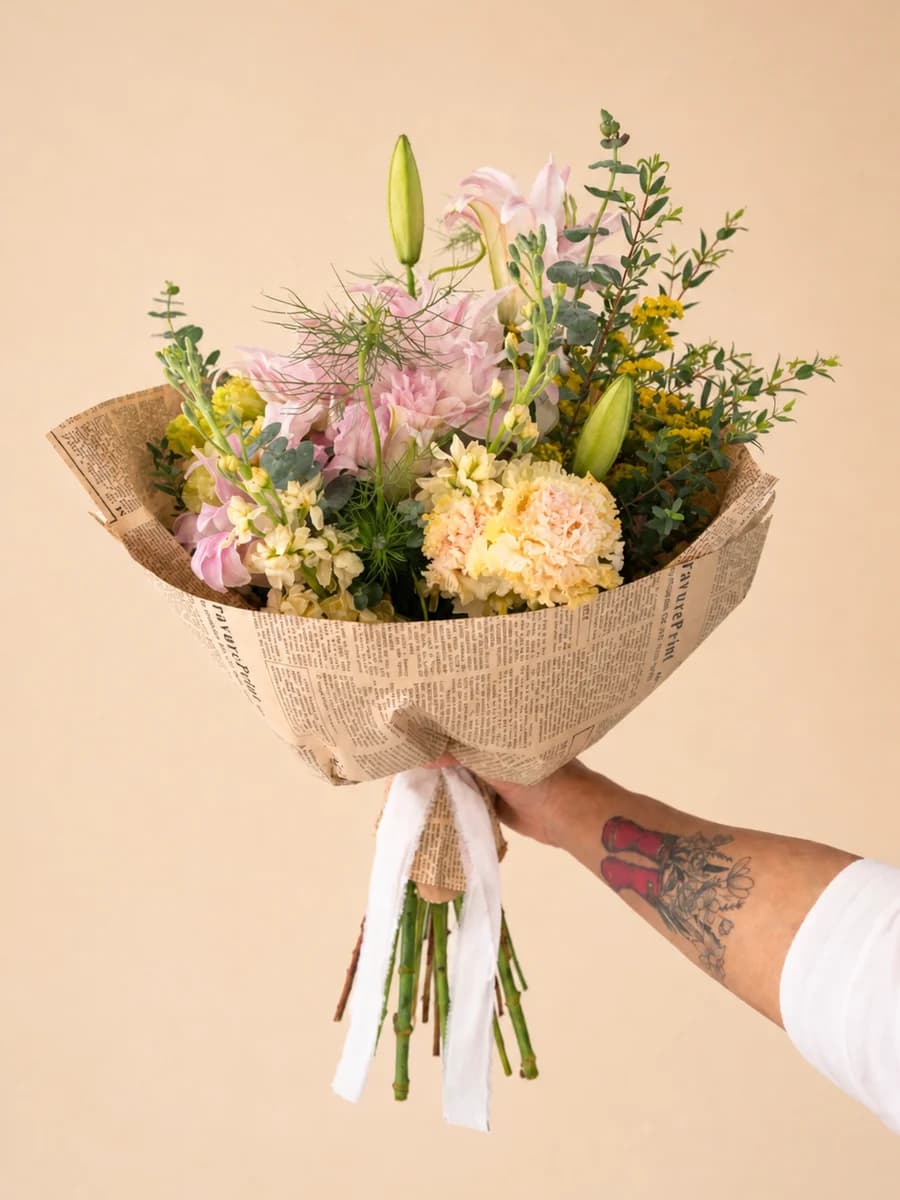 Hand-tied bouquet in pastel tones