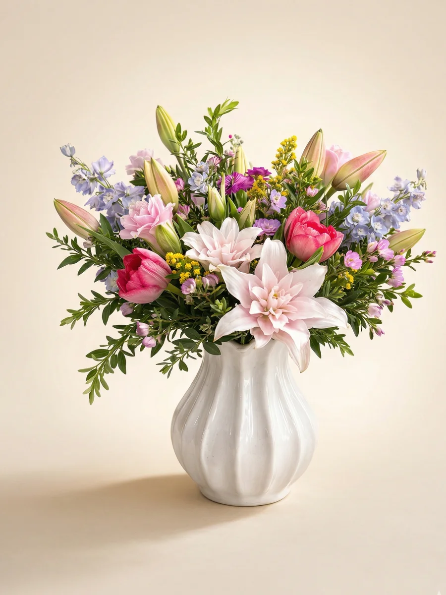 The Magnolia - Mother's Day flower arrangement with pink lilies, tulips, lisianthus, and eucalyptus