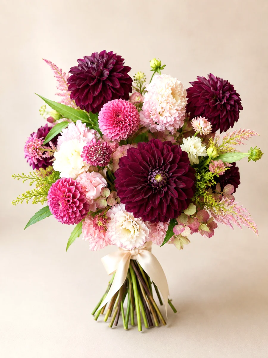 The Mirabel - hand-tied bouquet of burgundy and pink dahlias with blush carnations and astilbe, tied with satin ribbon