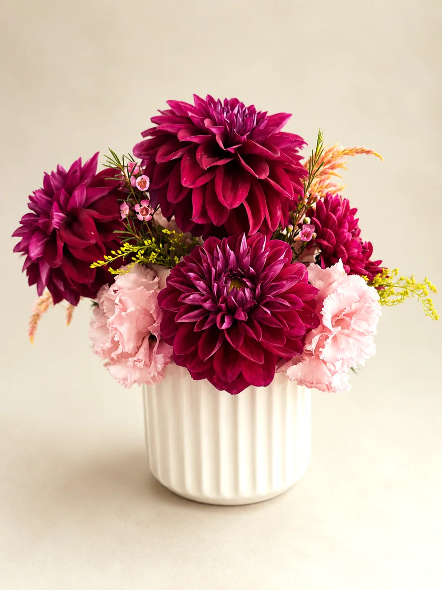 The Odette - burgundy dahlias with pink lisianthus and waxflower in a white ribbed ceramic vase